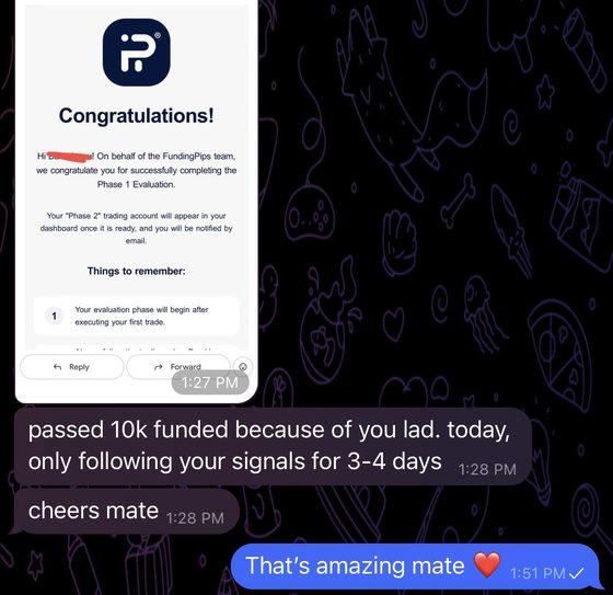 Member message showing a funded evaluation phase one pass