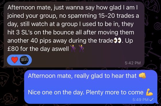 Member message saying they are glad they joined and the group does not spam trades