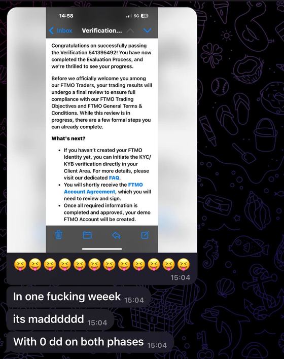 Member screenshot of an FTMO verification pass email after one week with zero drawdown